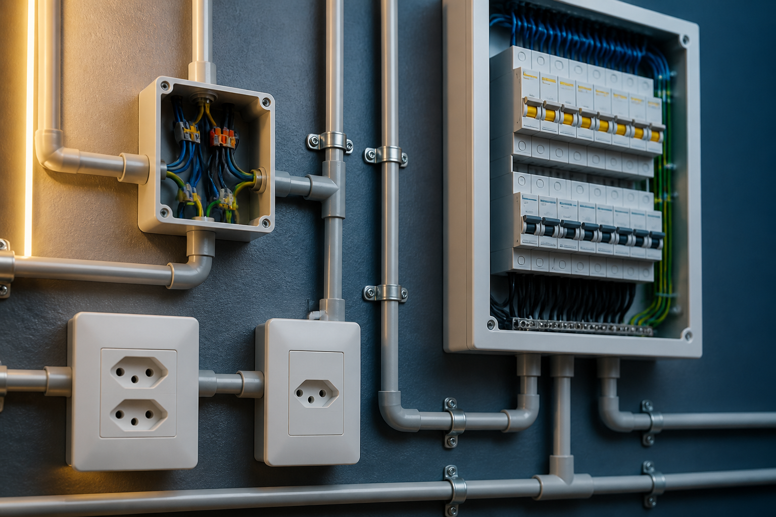 Instalação elétrica organizada com conduítes e acabamento profissional