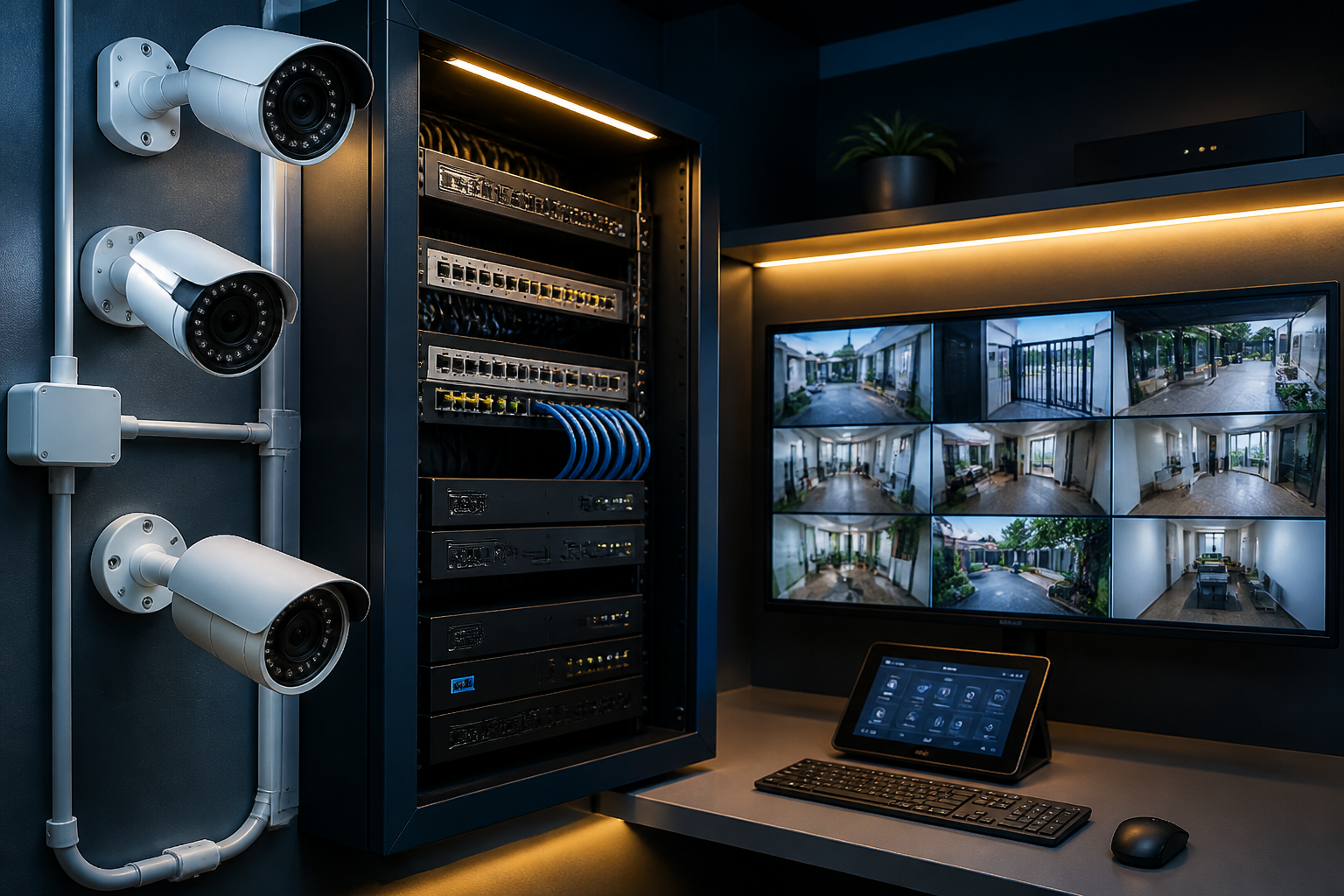 Sistema de monitoramento com câmeras e equipamentos organizados