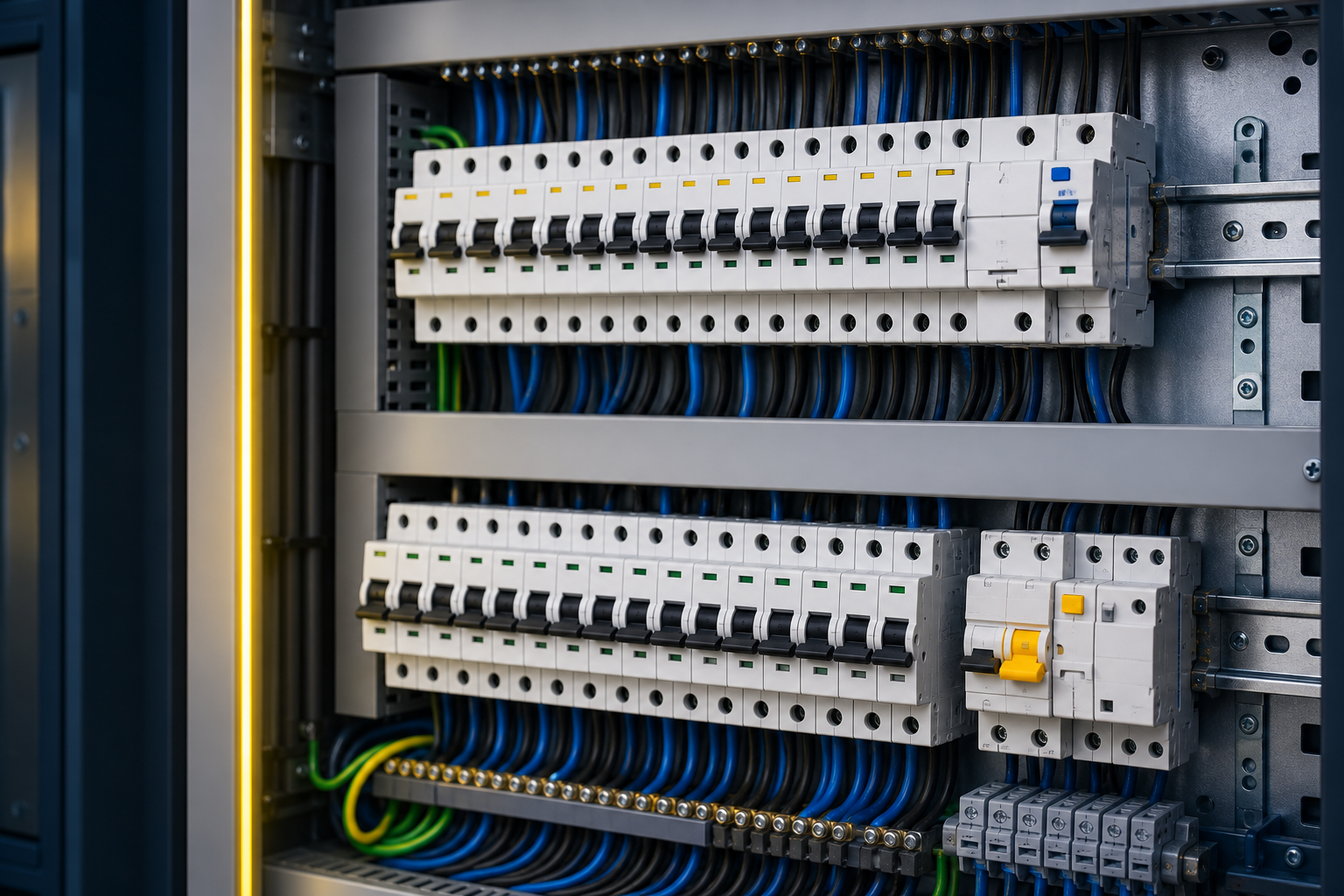Quadro elétrico moderno com disjuntores e fiação organizada