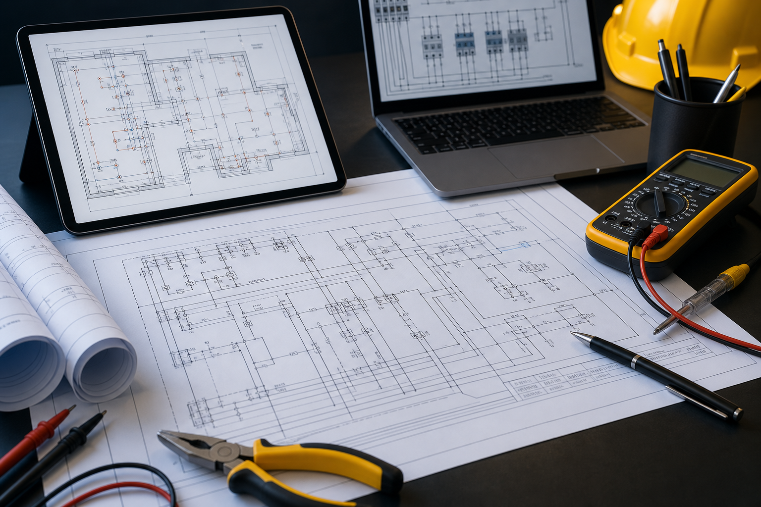 Projeto elétrico com planta técnica, ferramentas e equipamentos de medição