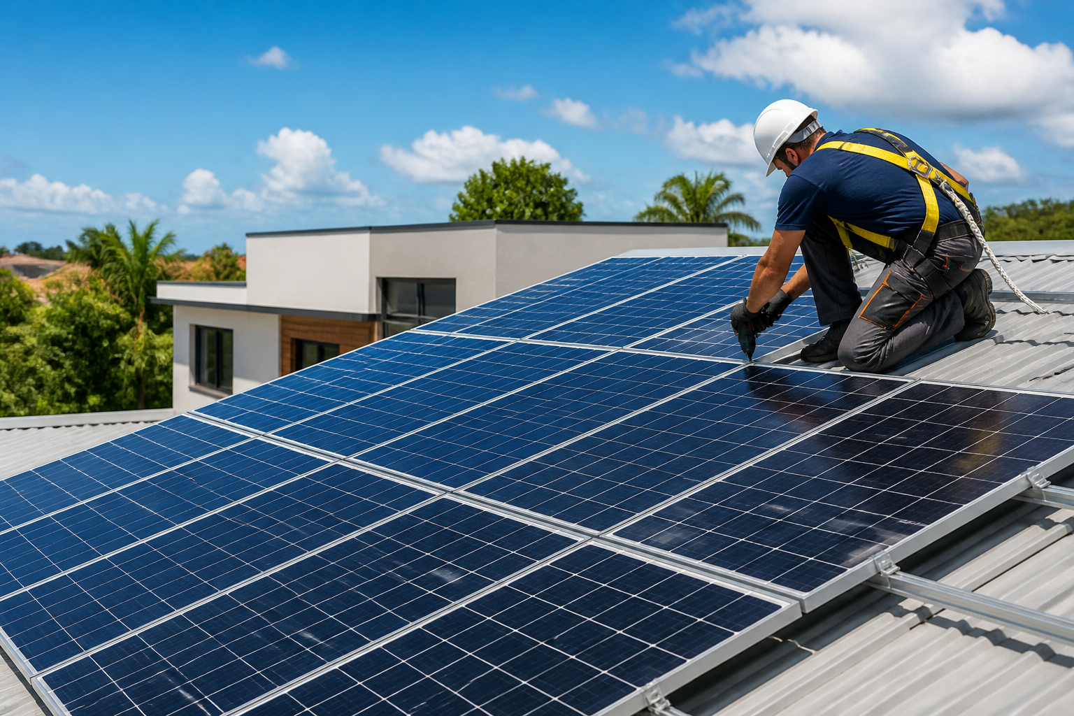 Instalação profissional de placas solares em telhado moderno